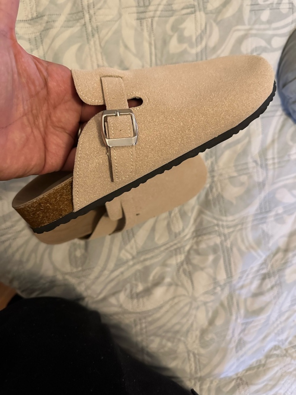 Suede Buckle Clog Slide in Beige